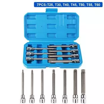 Набор насадок Torx Star Bit, 7 шт., хром-ванадиевая сталь, удлиненный привод, размер 3/8 дюйма, T25, T30, T40, T45, T50, T55, T60