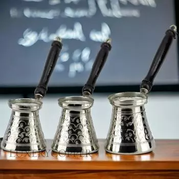 Набор никелевых тройных медных кофейников с деревянной ручкой