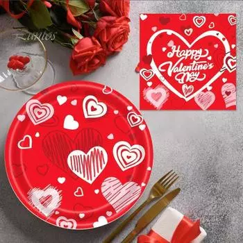 Набор одноразовой посуды для вечеринки в честь Дня святого Валентина. Бумажные тарелки, салфетки, чашки в форме сердца. Набор на 24 персоны для помолвки, свадьбы. Sets