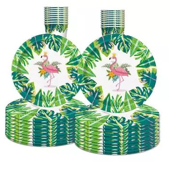 Набор одноразовой посуды «Джунгли Фламинго» с черепаховыми листьями, тарелками, салфетками, чашками, гавайским тропическим декором для свадьбы, дня рождения