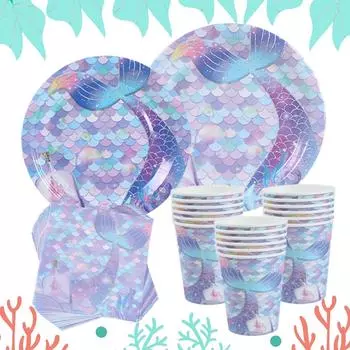 Набор одноразовой посуды «Русалочка» Бумажные тарелки для чашек Скатерть для стола Детская вечеринка по случаю дня рождения в стиле «Русалочка» оливковый