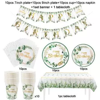 Набор одноразовой посуды с листьями эвкалипта, зеленая бумажная тарелка, чашка, салфетка, гавайский летний день рождения, украшения, принадлежности