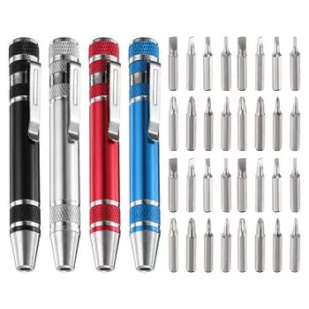 Набор отверток uxcell Mini Pocket Pen Driver Set, многофункциональная маленькая магнитная отвертка с крестообразным шлицем и плоским шлицем для компьютеров, а также 4 предмета 8-в-1 CR-V
