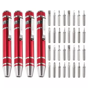 Набор отверток uxcell Mini Pocket Pen Driver, многофункциональная маленькая магнитная отвертка с крестообразным шлицем и плоским шлицем для компьютеров и очков, красный, 4 предмета