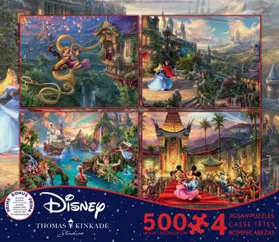 Набор пазлов Disney Classic, 500 деталей x 4 на тему Томаса Кинкейда [Башня Рапунцель] [Спящая красавица] [Питер Пэн] [Микки и Минни] [Предмет]