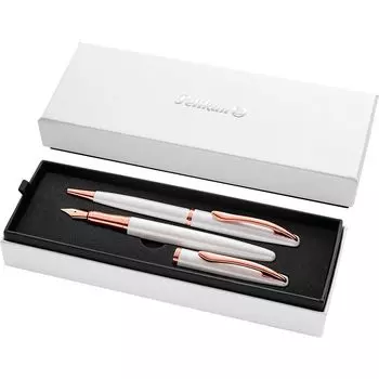 Набор Pelikan Jazz Noble перьевая ручка и шариковая ручка Pearl Elegant с картриджем в металлической складной коробке (белый), (Перо М)