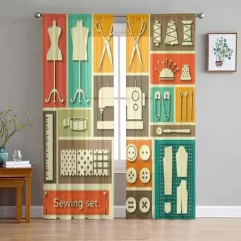 Набор плоских векторных иконок с элементами шитья, шифоновые прозрачные шторы для гостиной, спальни, декор, оконная вуаль, тюлевая занавеска 135W x 114H(cm)