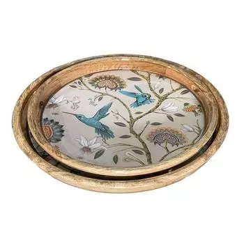 Набор подносов диаметром 35 см из 2 круглых сервировочных подносов. Художественная эпоксидная смола, выдержанная и обработанная. Дизайн из дерева манго. Подушки-основания.