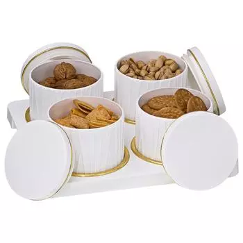 Набор подносов-контейнеров - 4 штуки (450мл) Многоцветный (Изумрудно-зеленый, Спокойный серый, Голубовато-серый) Полипропилен с тонким золотым ободком (Классический белый)