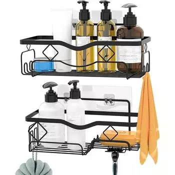 Набор полок для душа без сверления, корзина для душа из нержавеющей стали для ванной комнаты и кухни с крючками и мыльницей, держателем для бритвы 2PCS Set