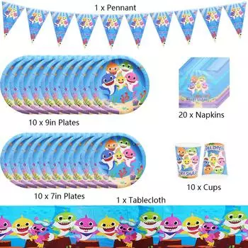 Набор посуды Baby Shark, 52 шт., включает в себя скатерть, вымпел, тарелки, чашки, салфетки