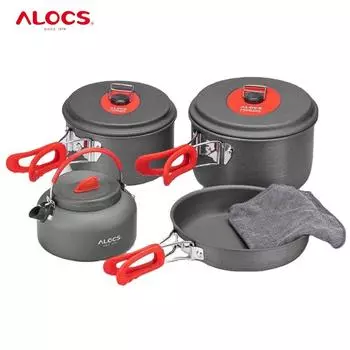 Набор посуды для кемпинга Alocs на 3-4 персоны, легкая и портативная кастрюля и сковорода с сумкой для переноски, идеально подходит для кемпинга на открытом воздухе four-piece красный
