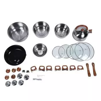 Набор посуды из нержавеющей стали Многофункциональная деревянная кухонная посуда Набор кастрюль, сковородок с чайником