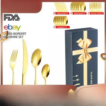 Набор посуды из нержавеющей стали со звездами и бриллиантами Нож и вилка для стейка в стиле вестерн Десертная ложка Звезда с бриллиантовой ручкой Позолоченная посуда Подарочная коробка 24*7.5*5 золотой