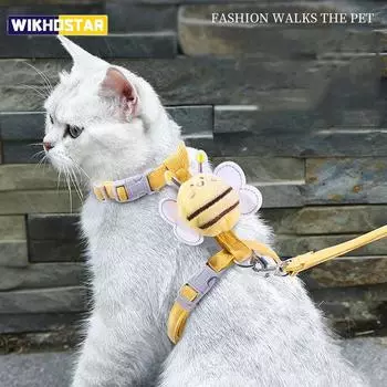 Набор поводков для кошек, регулируемый двухслойный поводок для собак с мультяшной пчелой для маленьких и средних домашних животных, поводок для прогулок на открытом воздухе S (1.5-4kg of pet) жёлтый