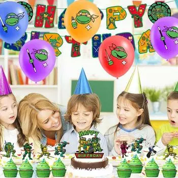 Набор праздничных аксессуаров для вечеринки Черепашки-ниндзя 34 предмета, включая баннер, воздушные шары, украшения для торта