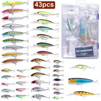 Набор приманок из 43 предметов. (различные размеры) включая гольяна Popper Crankbait (с крючками) с ящиком для ловли морской и пресноводной форели, окуня и лосося. 43pcs