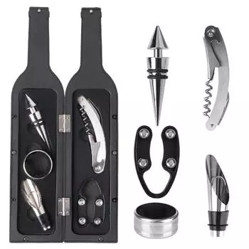 Набор принадлежностей для открывания вина в футляре в форме бутылки из 5 предметов из нержавеющей стали с кольцом-капельницей, резаком для фольги, насадкой для розлива вина и пробкой 1set