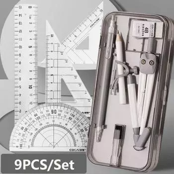 Набор прозрачных линеек 9 шт./набор Ластик Измерительная линейка Высококачественный транспортир Студенты серый