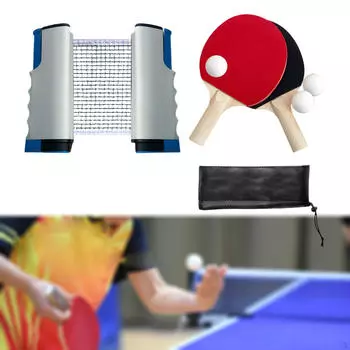 Набор ракеток для пинг-понга, ракетки и мячи, портативная выдвижная сетка для пинг-понга со стойками чёрный
