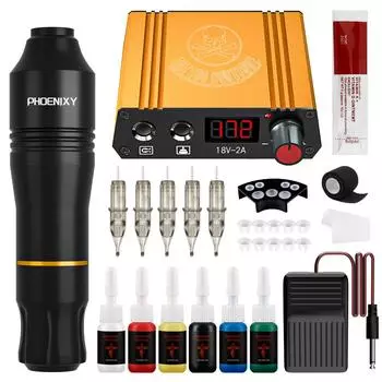 Набор ручек для татуировки PHOENIXY, роторная ручка для тату-машины с источником питания для татуировки, 6 цветов, чернила для татуировки, иглы, набор для макияжа set 01