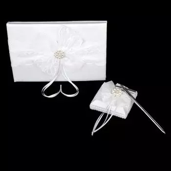 Набор ручек и подставки для свадебной гостевой книги с кружевным бантом и стразами, белый цвет