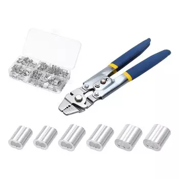 Набор ручных инструментов для резки и обжима uxcell Long с 150 алюминиевыми обжимными наконечниками из нержавеющей стали для обжима кабеля, троса, синего и серебристого цвета, кв. мм 10