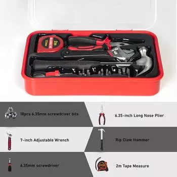 Набор ручных инструментов. Универсальный бытовой ручной инструмент. 23 комплекта. Отвертки, плоскогубцы, молотки, рулетки, гаечные ключи с пластиковым ящиком для инструментов. 23Pcs