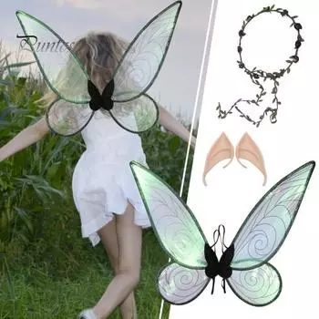 Набор с крыльями бабочки и феи, изысканный костюм для вечеринки на Хэллоуин, реквизит, крылья ангела, комплект гирлянды с ушками эльфа, нарядное платье для девочек чёрный
