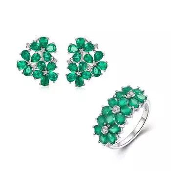 Набор серебряных украшений из серебра 925 пробы с цветочным дизайном и натуральными зелеными агатами: серьги и кольцо для женщин, для банкетной вечеринки, подарок US RING SIZE:7# зелёный