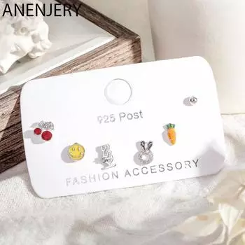 Набор серег-гвоздиков с милыми буквами и улыбающимся лицом в виде животных и фруктов для девочек, маленькие серьги с цирконием из 6 предметов, женские подарки S-E1233