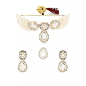 Набор серег и колец-колье Kundan из многожильного бисера золотистого цвета для женщин