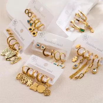 Набор серег из нержавеющей стали Simple Love со вставками из титановой стали и бриллиантами в виде бабочки-цветка 5.5cm