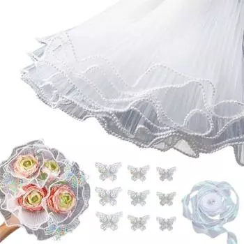 Набор сетчатой оберточной бумаги для цветов, белая кружевная лента из искусственного жемчуга, 3D букет с бабочками, упаковочный комплект, флорист