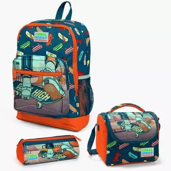 Набор школьных сумок из 3 предметов Coral High Kids Civit Неоново-оранжевый с рисунком скейтборда SET0123723