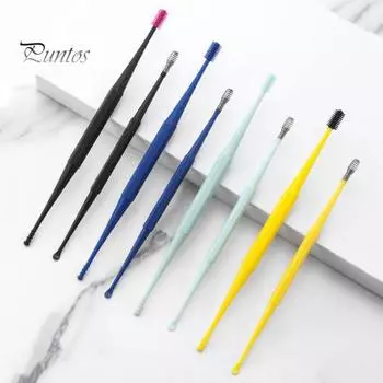 Набор силиконовых ушных палочек для чистки ушей, нержавеющая сталь, двойная спиральная насадка, портативный очиститель ушей с длинной ручкой, чехол из искусственной кожи синий