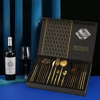 Набор столовой посуды «Ложка» из нержавеющей стали, набор столовых приборов из 24 предметов, нож, вилка и ложка на 6 человек 39.5*25.5*5.2 белый/золотой