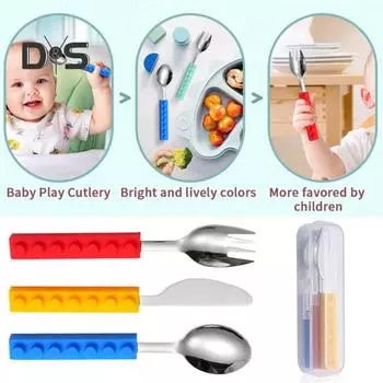 Набор столовых приборов Building Block ложка и вилка портативное хранилище для удобной переноски столовых приборов из нержавеющей стали для детей и взрослых серый/зелёный