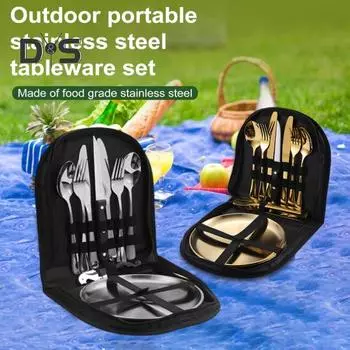 Набор столовых приборов для кемпинга из 10 предметов, портативный набор столовых приборов для пикника с футляром, тарелки из нержавеющей стали, вилки, ложки, ножи, открывашка, посуда для пикника и барбекю серебряный