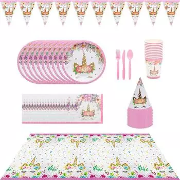 Набор столовых приборов для вечеринки «Единорог»: Включает тарелки, чашки, скатерть, флажки — идеально подходит для дней рождения и Дня защиты детей. Gift bag 10 pieces per pack