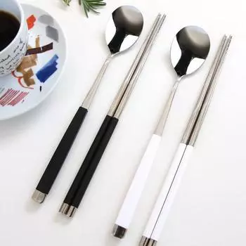 Набор столовых приборов French Blanc на 2 персоны, серебро, 1 комплект, черный (ложка + палочки для еды) + белый (ложка + палочки для еды), Популярная корейская посуда