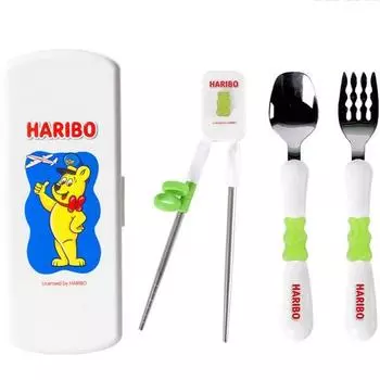 Набор столовых приборов Haribo Baby: ложка + вилка + палочки для еды + футляр, зеленый, ложка + вилка + палочки для еды + футляр