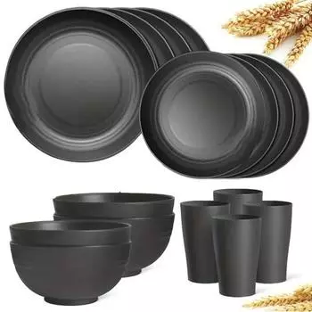 Набор столовых приборов из 16 предметов, складывающиеся небьющиеся тарелки, миски и чашки, набор столовой посуды без бисфенола А для всей семьи чёрный