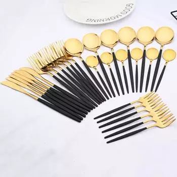 Набор столовых приборов из 30 предметов, черный, золотой, нож, вилка, ложка, набор столовых приборов, столовые приборы из нержавеющей стали, кухонная посуда для вечеринок серебряный