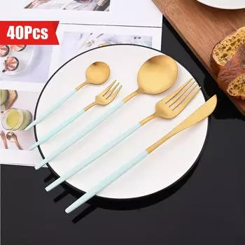 Набор столовых приборов из 40 предметов, столовые приборы из нержавеющей стали на 8 персон, в комплект входят вилка для торта, ложки с плоской ручкой, можно мыть в посудомоечной машине для дома и ресторана розовый/серебряный