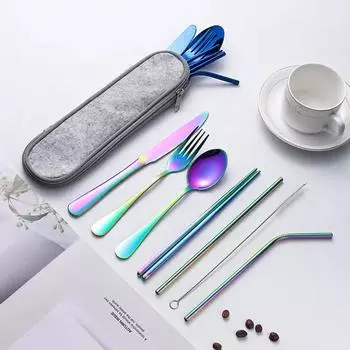 Набор столовых приборов из 8 предметов, набор столовых приборов из нержавеющей стали, столовая посуда в западном стиле, классический набор столовых приборов, нож, вилка, соломинка, ресторан, столовая серебряный