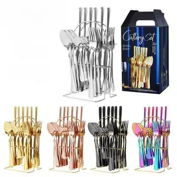 Набор столовых приборов из нержавеющей стали из 24 предметов: В комплект входят десертные/стейковые ножи, вилки, ложки и вешалка.