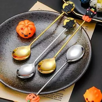 Набор столовых приборов из нержавеющей стали на Хэллоуин, набор ложек и вилок с декоративными ручками, дизайны тыкв и привидений для домашнего использования
