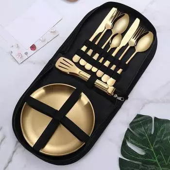 Набор столовых приборов из нержавеющей стали с сумкой-органайзером. Полированная поверхность. Можно мыть в посудомоечной машине. Вилка, ложка. Удобный для путешествий набор посуды. A серебряный