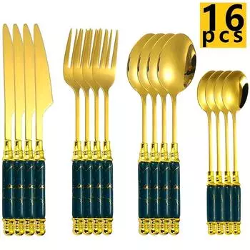 Набор столовых приборов из нержавеющей стали с длинной керамической ручкой, 16 предметов, нож для стейка, вилка, ложка, набор столовых приборов в западном стиле, аксессуары для столовой посуды белый/золотой